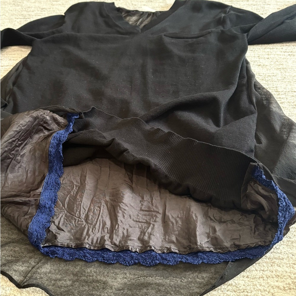 Sacai Luck Black Sheer Silk Mixed Tunic Sweater Dress Womens Size 2 M V-Neck - Picture 10 of 15